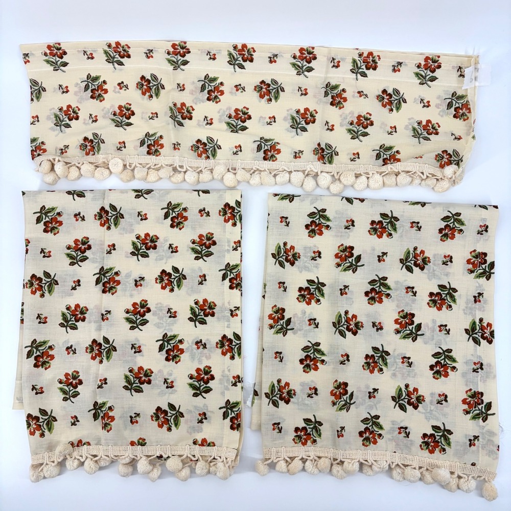 Springmaid Cafe Curtain Set Vintage NOS Floral Pom Pom Cottagecore Grandmacore
